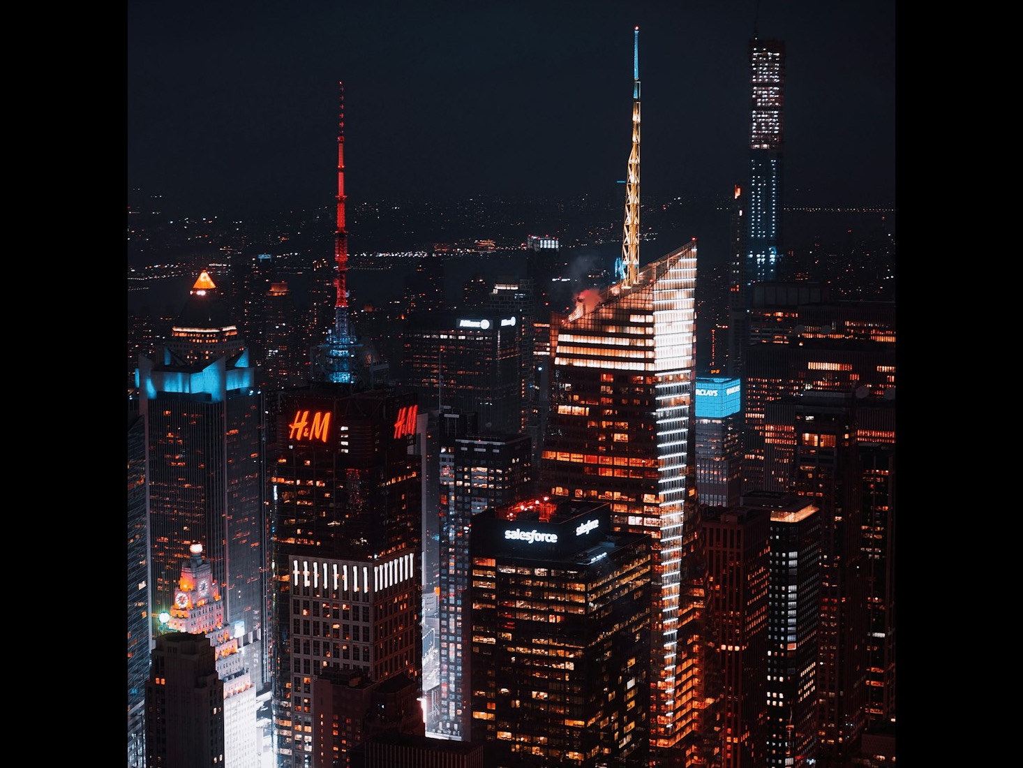 A city skyline at night