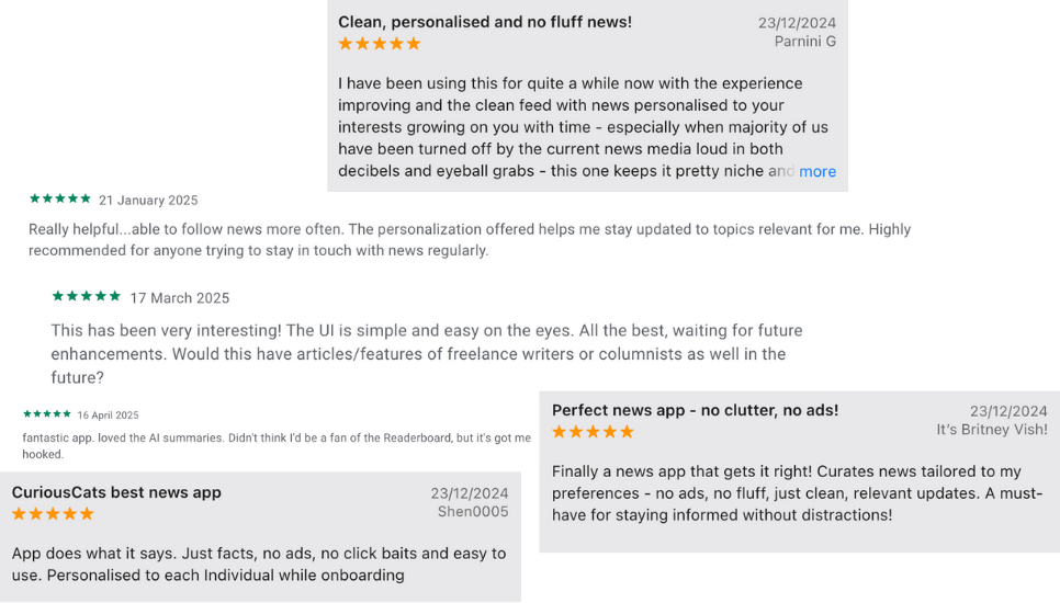 User reviews praising CuriousCats for clean, personalised, no-fluff news