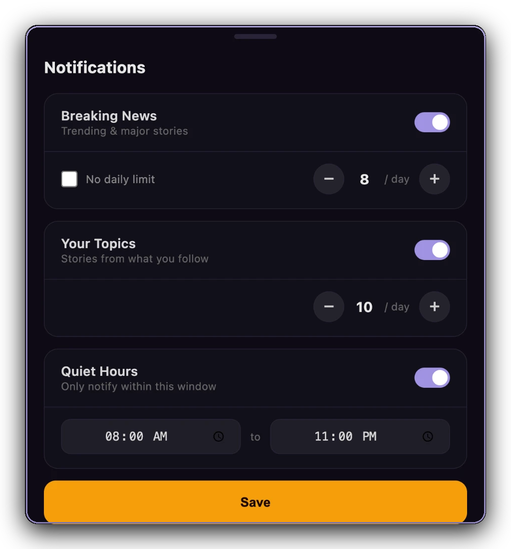 Notification settings: Breaking News, Your Topics, and Quiet Hours controls